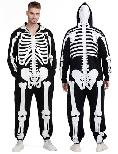 Aotiooy Halloween Skeleton Costume for Men, Scary Skeleton Onesie Adult Skull Skin Full Body Printed Hooded Zipper Outfit