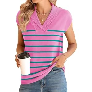 Ivicoer Sweater Vest Women V-Neck Knitted Pullover Short Cap Sleeve Collared Tops Dressy Casual 2025 Summer Fashion Trendy A1_pink-blue Stripes_vest X-Large