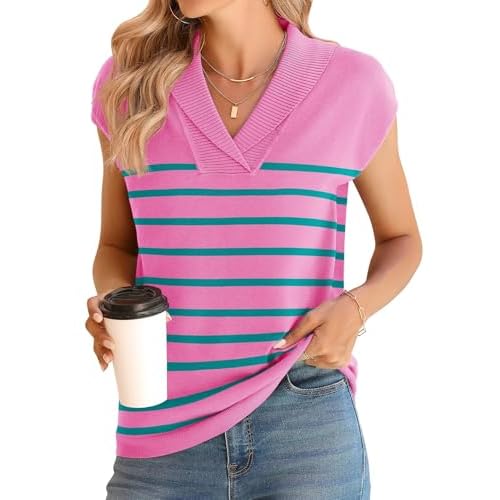 Ivicoer Sweater Vest Women V-Neck Knitted Pullover Short Cap Sleeve Collared Tops Dressy Casual 2025 Summer Fashion Trendy A1_pink-blue Stripes_vest X-Large
