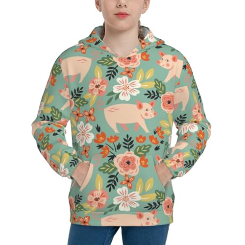 Cute Piggy in Flowers Kid Hoodies Boys Sweatshirts Girls Pullover with Pocket