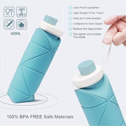 Image of 600ml Folding Silicone Water Bottle for Travel, Gym, Hiking, Camping with Leak-Proof Lid Space-Saving Portable Bottle (Blue 2PC)