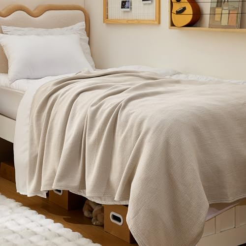 Bedsure GentleSoft 100% Cotton Blanket Twin XL Size for Bed - Cooling Breathable and Lightweight Soft Cozy Textured Herringbone Woven Summer Blanket for College Dorm Linen Beige 66x90 inches