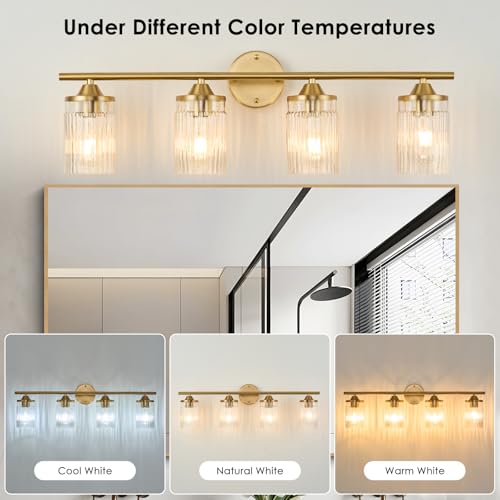 Image of Jonsi Gold Bathroom Light Fixtures 4-Light Vanity Lights Modern Wall Sconce with Clear Glass Shade Brushed Brass Bathroom Light Fixture Over Mirror for Bedroom Hallway Kitchen