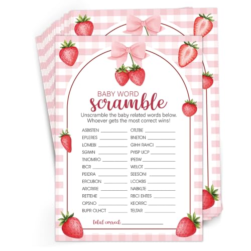 Sweet Berry Baby Shower Games, Strawberry Baby Word Scramble Game, Gender Reveal Party Supplies & Decorations, Gender Neutral, Set of 30 Game Cards - DY71