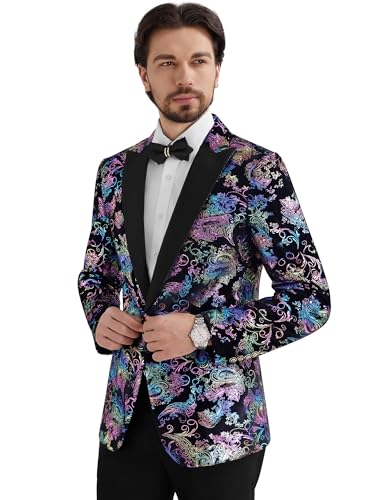 MAGE MALE Men's Velvet Floral Tuxedo Peak Lapel One Button Dinner Party Prom Wedding Suit Jacket3