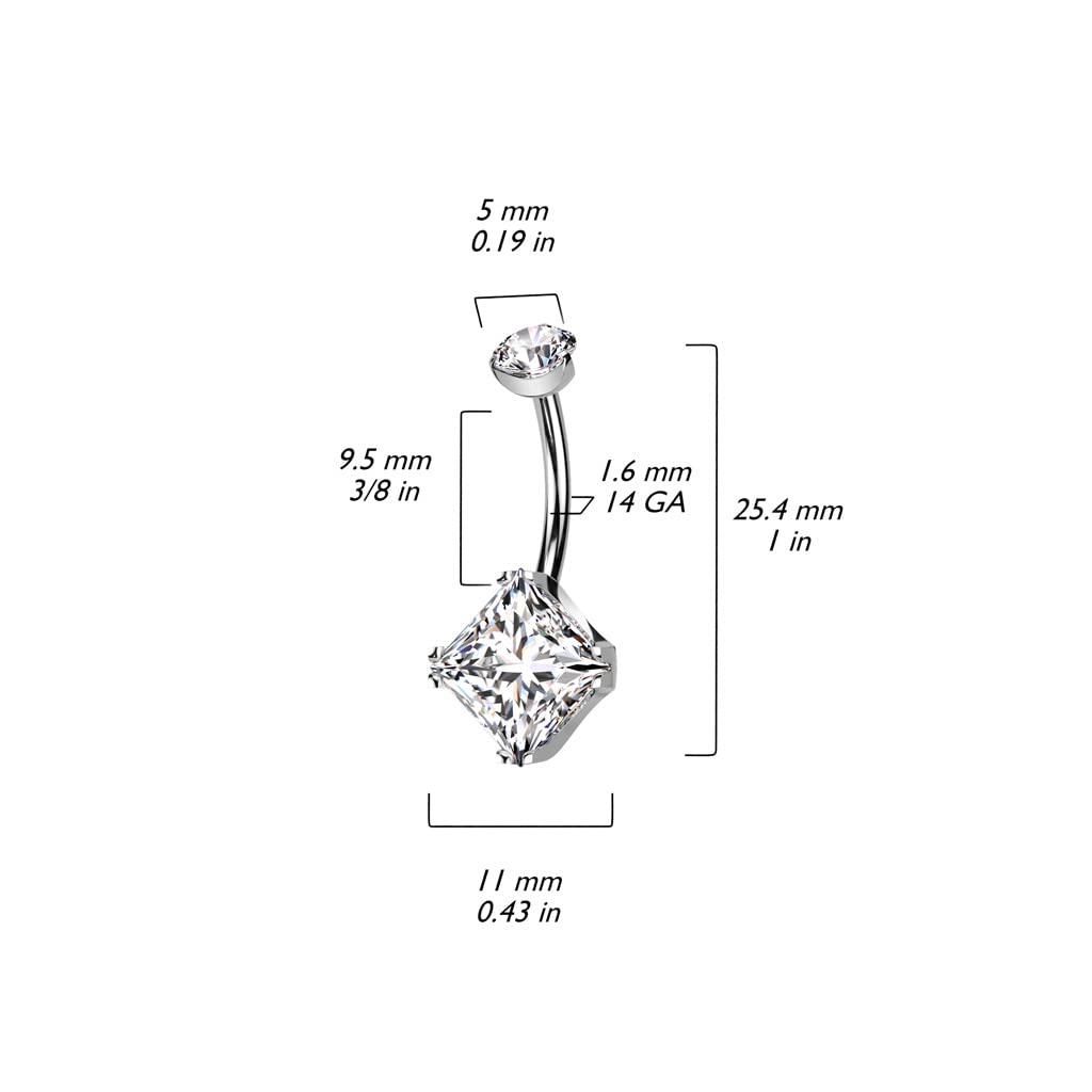 Tata Gisèle Piercing para ombligo de titanio y circonios – Barra de plátano con 1 circonita redonda y 1 gran circón cuadrado engarzado 4 garras