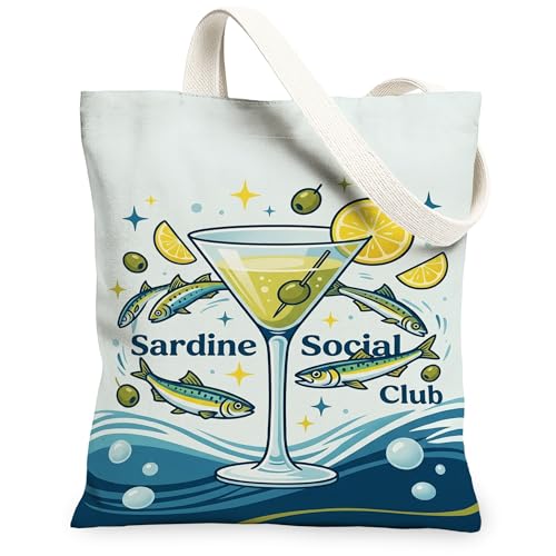 Bolsa de lona de vino para mujer, verano, casual, pescado, limón, verano, azul, lavable, reutilizable, pequeña, ideas para viajes, trabajo, compras, librería, 13 x 15 pulgadas