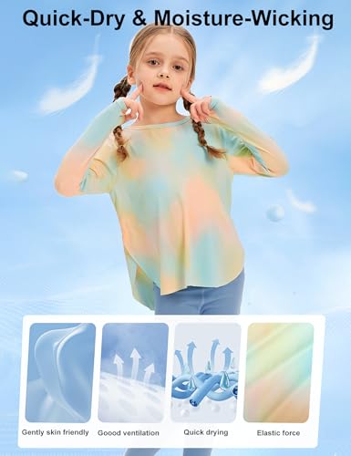 Image of Venzina Girls' Long Sleeve Workout Top with Thumbholes Quick-Dry 4-Way Stretch Moisture Wicking Shirt for Yoga, Dance, Gymnastics(Age 6-10)