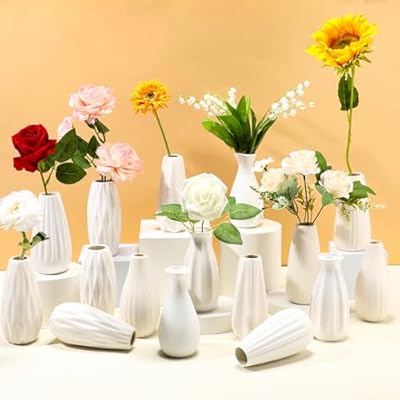 Yaomiao 16 Set White Ceramic Bud Vase Bulk 5 Inch Boho Bud Ceramic Vases Decor Rustic Wedding Small Vases for DIY Flower Centerpieces Wedding Dining Table Decoration, 8 Styles (Classic)