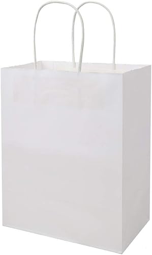 Miniatura 8 de bagmad Paquete de 100 bolsas de papel kraft blancas medianas resistentes con asas a granel, bolsas de regalo gruesas de 8 x 4.75 x 10 pulgadas, para