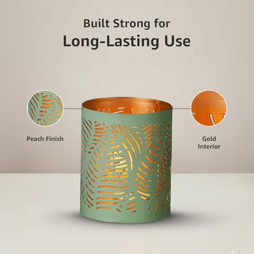 Image of Amazon Brand - Solimo Tea Light Votive - Round Leaf Design, Sea Green Iron with Gold Interior, Set of 4 (Size: L-7.5 cm x W-7.5 cm x H-10 cm)