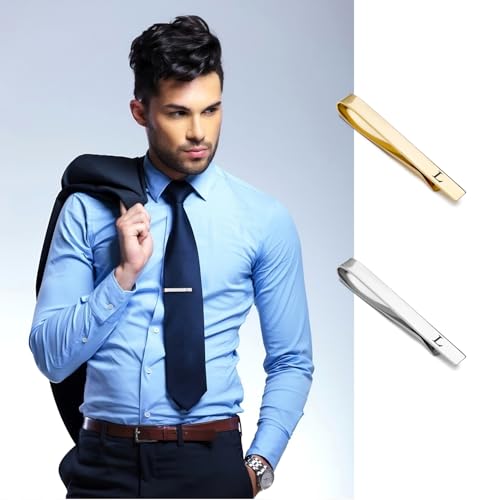 Image of GWD Stainless Steel Tie Clips for Men Personalized Initial Tie Bar Set | 2 Pcs Classic Letter Tie Clips for Men, Silver and 14K Gold Plated Tone