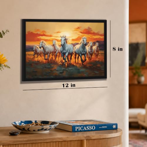 Image of PAINTINGMANTRA 7 Running Horses Vastu Framed Wall Art Painting For Living Room, Seven White Horses Poster with frame for Wall, Decoration item for bedroom, 10x13 Inch