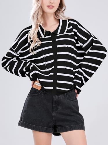 Image of chouyatou Women's Button Down Striped Cardigan Sweater Polo Collar Open Front Knit Jacket 2024 Fall Outfits