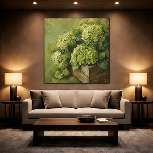 Tableau hortensia vert au-dessus de la console du salon 60x60 cm - 2