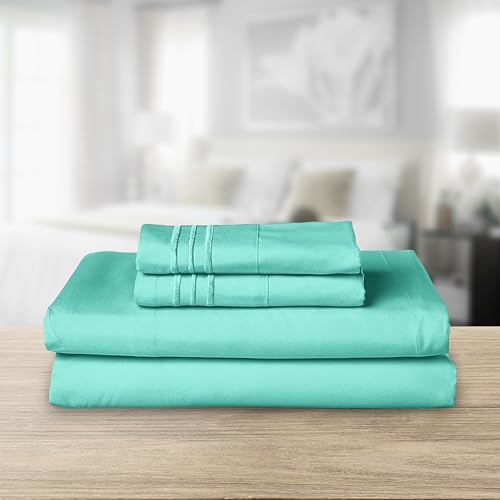 Image of Elegant Comfort Luxurious 1500 Premium Hotel Quality Microfiber Three Line Embroidered Softest 4-Piece Bed Sheet Set, Wrinkle and Fade Resistant, King, Paradise Teal