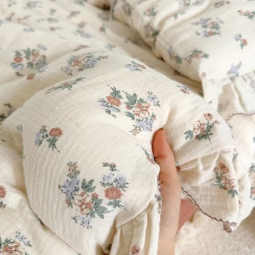 Image of BuLuTu Vintage Floral Duvet Cover Twin for Girls, Shabby Chic Quilt Cover Ruffled Kids Bedding, 100% Cotton Muslin, Soft Breathable, 68 inchx86 inch, Zipper Closure, No Pillowcase