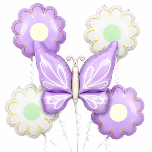 Image of Wanna Party Butterfly and Flower Foil Balloon Set of 5, Purple Butterfly Balloon with Colourful Daisy Flower Balloons for Birthday, Baby Shower, Garden Theme & Party Decoration