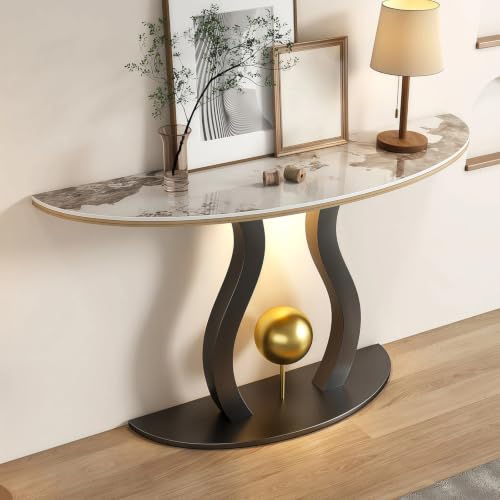 HDZNDH Consola Recibidor De Media Luna con Encimera Piedra, Mesa Consola Estrecha Entrada, Mesa Decorativa con Marco Metal Artístico, Moderna para Salón, Pasillo Y Elegante