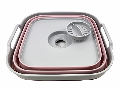 Sammart 10L (2.64 Gallon) Collapsible Dishpan With Draining Plug - Foldable Washing Basin - Portable Dish Washing Tub - Space Saving Kitchen Storage Tray (Grey/Pale Pink) #TOP1