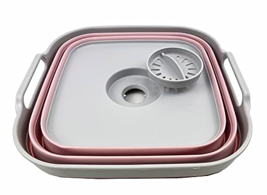 SAMMART 10L (2.64 Gallon) Collapsible Dishpan with Draining Plug - Foldable Washing Basin - Portable Dish Washing Tub - Space Saving Kitchen Storage Tray (Grey/Pale Pink)
