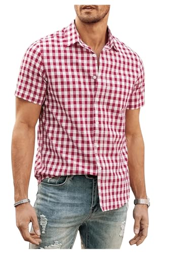 Men's Gingham Shirts Plaid Button Down Short Sleeve Casual T Shirt Tops