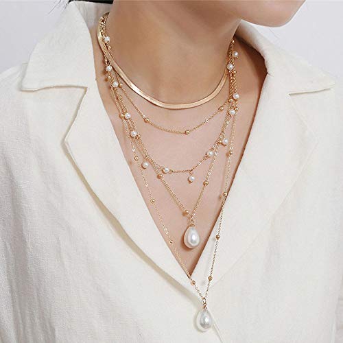 Boho 5 Tier Gold Punk Chain Layered Necklace Dainty Pearls Pearls Pendant Long Choker Necklaces for Women3