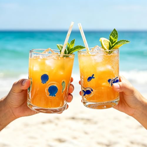 2 Pcs Icon Juice Glasses 16oz Stemless Drinking Glasses Reusable Juice Glass Cocktail Drinking Cups for Home Party Favors Gift Supplies Summer Beach Party Drinkware Cup (Ocean) by Generic - Used condition - Image 4