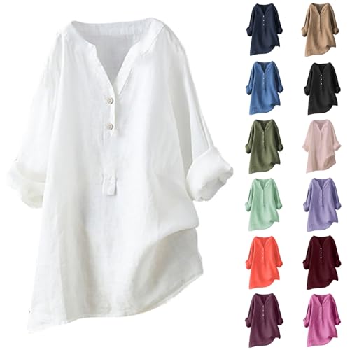 RUIRUILICO Chemisier en Lin Femme Chic et élégant Manche 3/4 Tunique Blouse 2025 été Grande Taille Col V Bouton Chemise Lin et Coton Haut Décontracté Tops, A_blanc, L