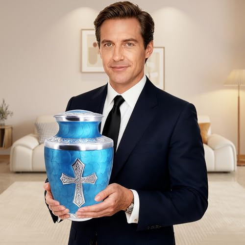 Image of M MEILINXU Turquoise Cross Cremation Urn, Funeral Urns for Ashes Adult Man