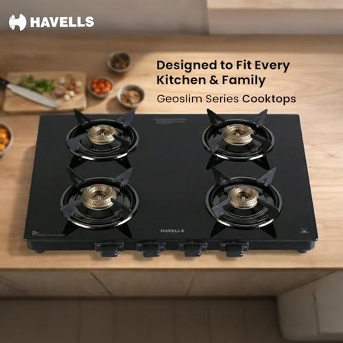 Image of Havells GEOSLIM Gas stove |4 Heavy Duty Forged Brass Burner|6 mm Toughened Glass|Premium Valves|Removable Drip Tray|Soft Touch Knobs|5 year Warranty on Burners, Glass & Valves by Havells (Black)