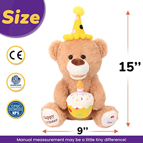 Hopearl Adorable Happy Birthday Teddy Bear With Glowing Cupcake Musical Stuffed Animal Bear Singing And Shaking Plush Toy Interactive Animated Kids Gift, Brown, 15’’ #TOP1