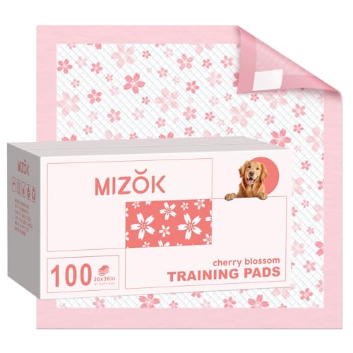 Image of MIZOK 36x36in Puppy Pads Pink, Dog Pee Pads Leak-Proof with Quick-Dry Surface, Dog Pads Extra Large with Cherry Blossom Prints, Pee Pads for Dogs Super Absorbent (100 Count)