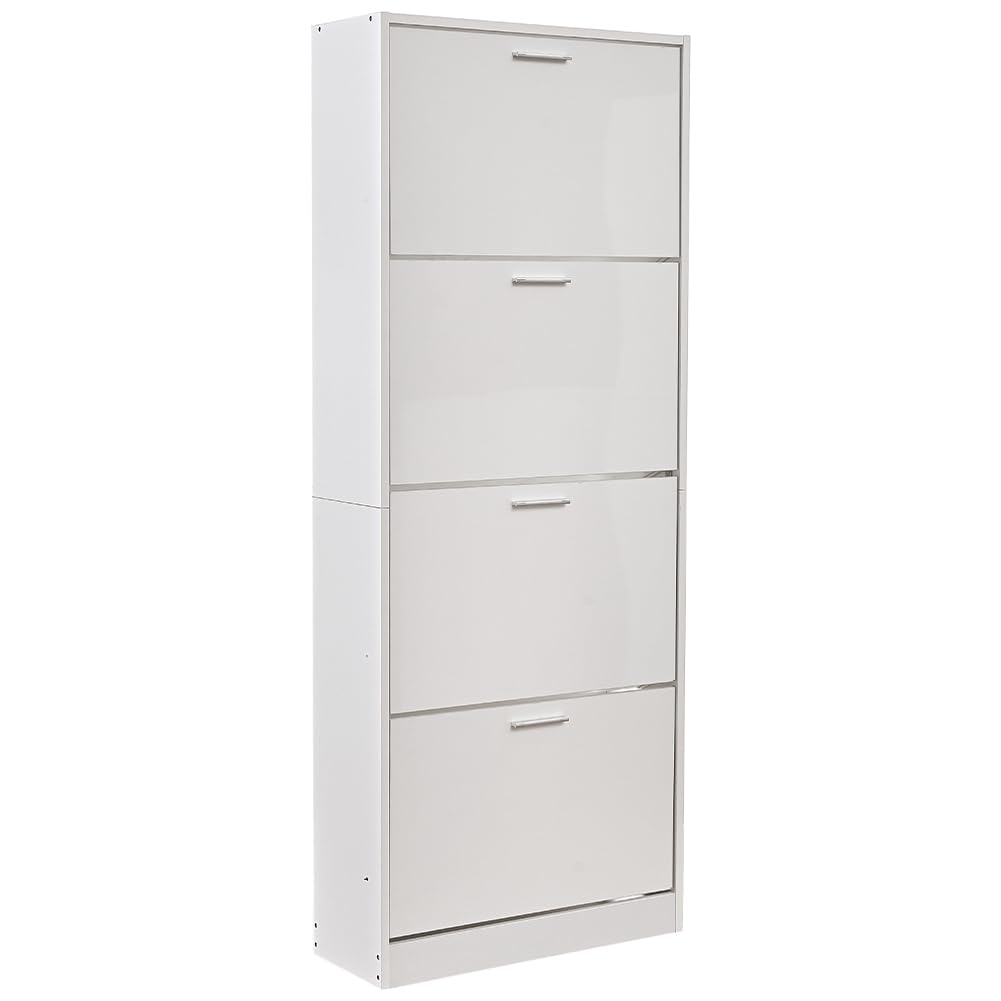 BAKAJI Scarpiera Salvaspazio Slim Portascarpe in Legno MDF con 4 Ante Laccate Lucido a Ribalta e Doppia Profondità 59 x 22 x 169.5 cm Bianco Lucido, 4 Ante