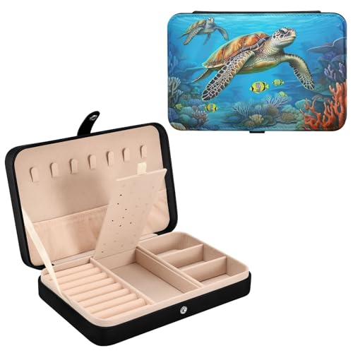 Haskirky Sea Turtle Jewelry Box Portable PU Leather Travel Jewelry Organize for Women Jewelry Storage Display Holder for Ring, Necklace, Earring
