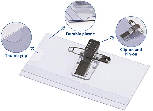 Europel Kunststoff Namensschilder mit Kombi-Halter: Ansteck-Nadel & Clip - 24 Stück - 75 x 40 mm| - Ausweishüllen & Namensschild-Halter - mit Blanko Einsteckschildern, farblos, 121260