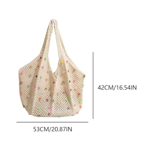 Women Boho Crochet Bag With Colored Beads Large Capacity Knitted Tote Handbag2