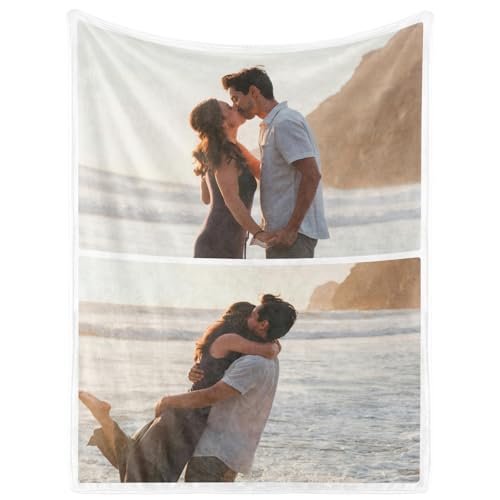 WNNNS Custom Blanket with 2 Picture Texts HD-Printing Personalized Flannel Photo Blanket Customized Picture Gifts for Women Men Boyfriend Girlfriend Couples Families.