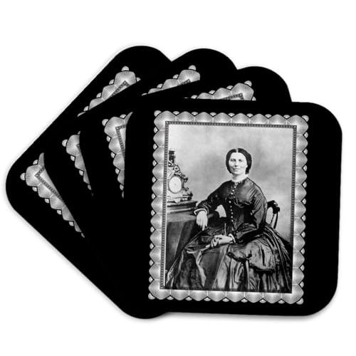 3dRose Clara Barton Taken by Mathew Bracy c.1866 Civil War Era Photo of a Woman Seated by an Mantle Clock Set of 4 Coasters - Cork