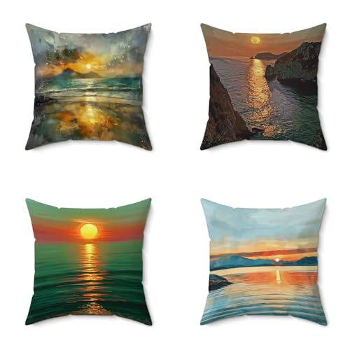 Sunset Throw Pillow Covers 30x30 in Set of 4, Outdoor Pillows Ocean Pattern Design, Square Linen Decorative Pillowscases for Couch with Invisible Zipper for Livingroom Office Room Decor Gifts 8-X0WE