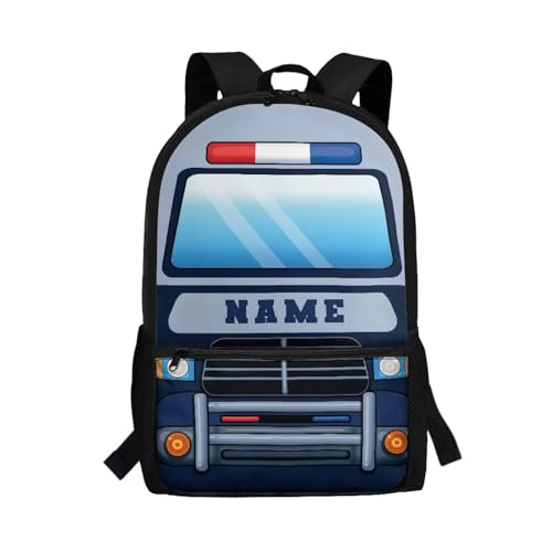 Custom Name Boys Backpacks Ages 4-6 Blue Police Car Kids School Bags for Boys for Kindergarten Large Capacity Kids Bookbag with Side Pockets Lightweight Outdoor Backpacks