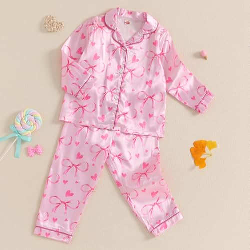 Baby Girls Satin Pajama Set Cute Long Sleeve Lapel Button Up Heart Print Shirt Long Pants Toddler Sleepwear3