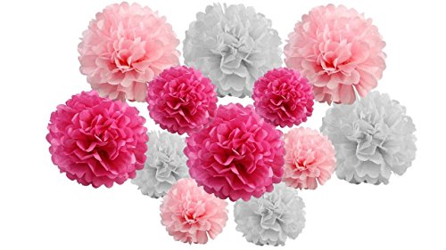 Paquete de 12 pompones de papel mezclados para colgar, guirlanda, decoraciones de fiesta y boda, Hot Candy Pink Shade, mix 8" & 10" (20 cm & 25 cm) Cover