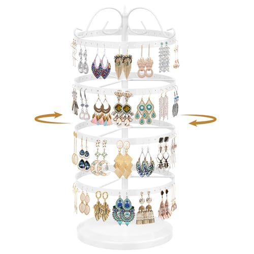 Image of MODOWEY 4 Tiers Metal Rotating Earring Holder Organizer Stand Adjustable Display Tree, 176 Holes Large Carousel Rack for Stud Hoop Pierced Dangling Women, Idear View for All Earrings, White