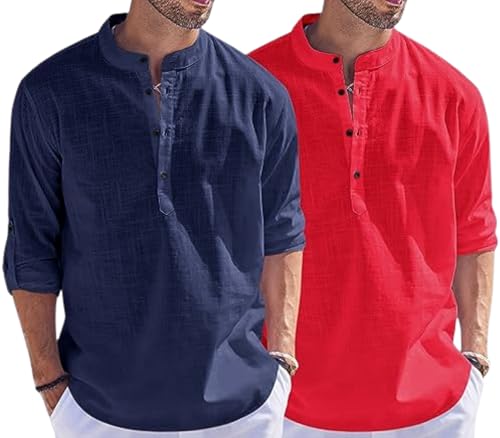 Image of Men's Cotton Blend Straight Kurta Shirt Combo with Mandarin Collar - Slim Fit Casual Short Kurti Set Featuring Textured Slub Fabric and Roll-Up Full Sleeves