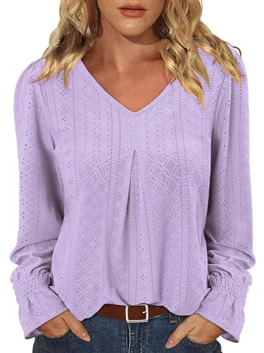 KISSMODA Long Sleeve Fall Shirts For Women V Neck Tunic Tops Embroidered Button Down Knitted Blouses 2025