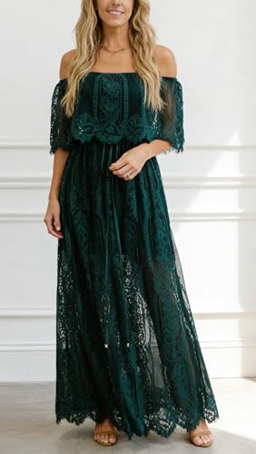 Image of HOYISHION Women's Off The Shoulder Floral Lace Maxi Dress White Bridesmaid Wedding Party Maternity Photoshoot Long Dresses