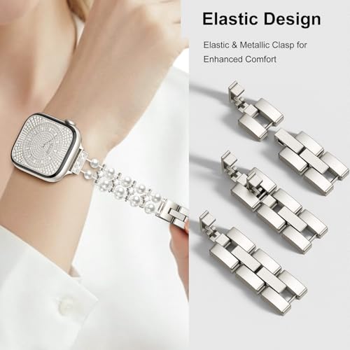 SOLOLUP Pearl Beaded Bracelet for Apple Watch Bands for Women SE 3/2 40mm 41mm 42mm 38mm,Thin Dressy Metal Bling Jewelry Wristband Stretch Bead Strap for iWatch Series 11 10 9 8 7 6 5 4 3,Starlight by SOLOLUP - Used condition - Image 4