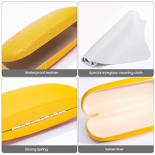 Image of PU Leather Hard Shell Eyeglass Case Glass Holder box for Men and Women with Cleaning Cloth Yellow