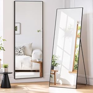 Full Length Mirror 59″x16″ Full Body Mirror Rectangle Free Standing Wall Mounted Leaning Floor Mirrors with Stand Aluminum Alloy Frame for Bedroom Cloakroom, Black